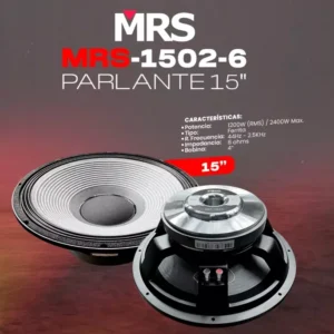 MRS-1502-6 Parlante de 15″ Potencia: 1200W (RMS)/2400W Max. Tipo: Ferrita R. Frecuencia:44Hz-2,5KHZ Impedancia: 8 ohms Bobina: 4″